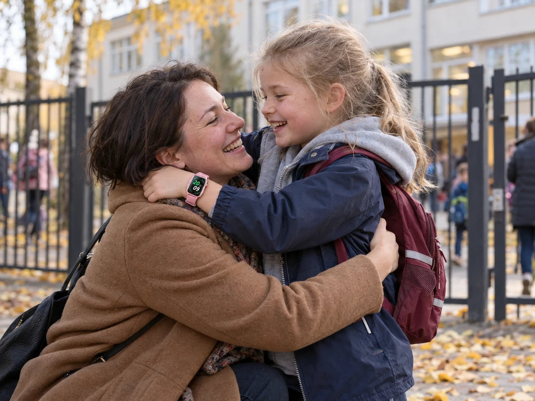 Mergaitė po pamokų apkabina mamą